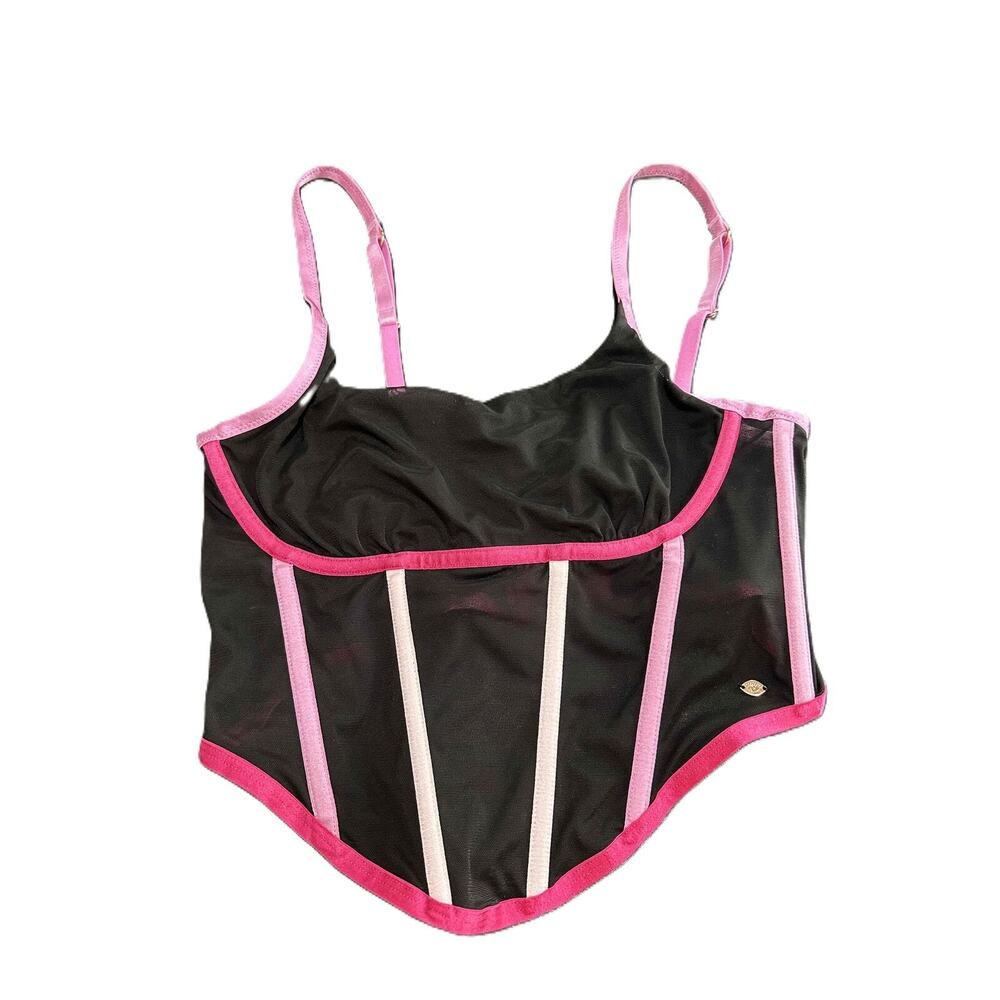 Sofia Intimates Pink Black Adjustable Mesh Contrast Trim Corset Women Medium‎